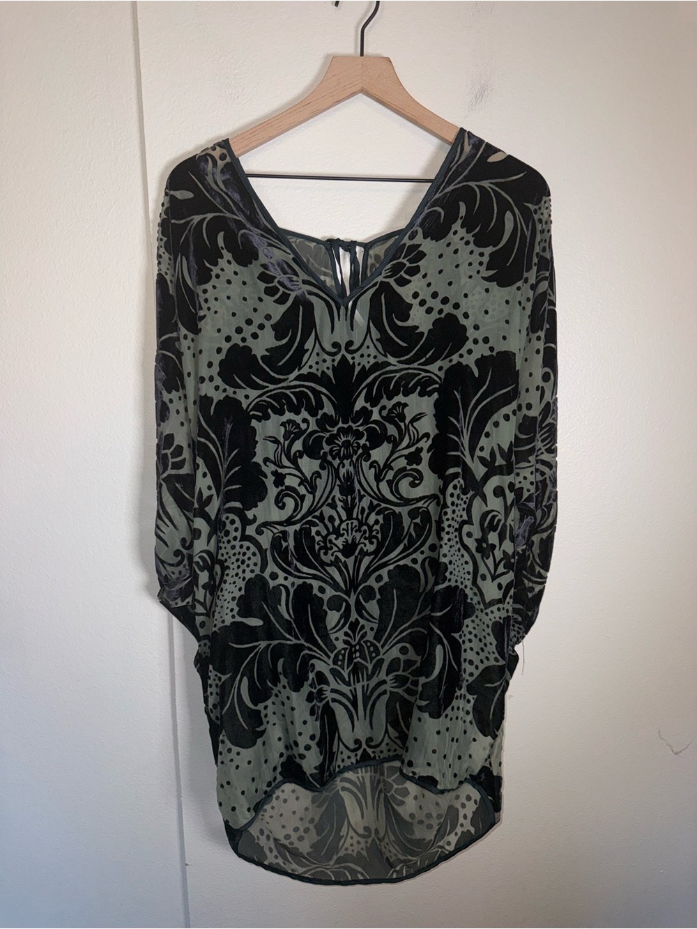 FREE PEOPLE Witchy Olive Sheer Velvet Burnout Oversized whimsigoth mini dress M